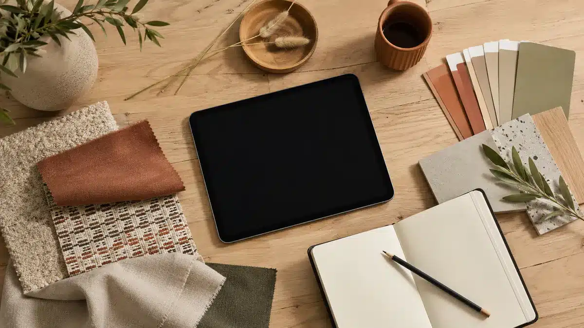 Bureau préparé pour un coaching déco à distance avec une tablette éteinte sur le bureau