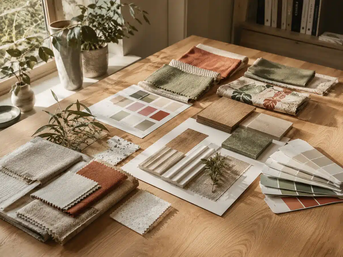 Matériaux et couleurs sur un bureau de décorateur
