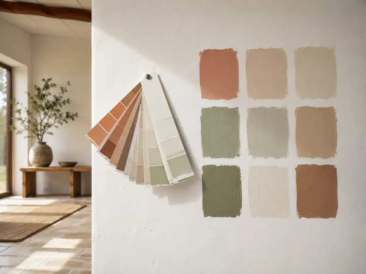 Mur blanc avec un nuancier de couleur mit dessus ainsi que des essais de peintures en carré